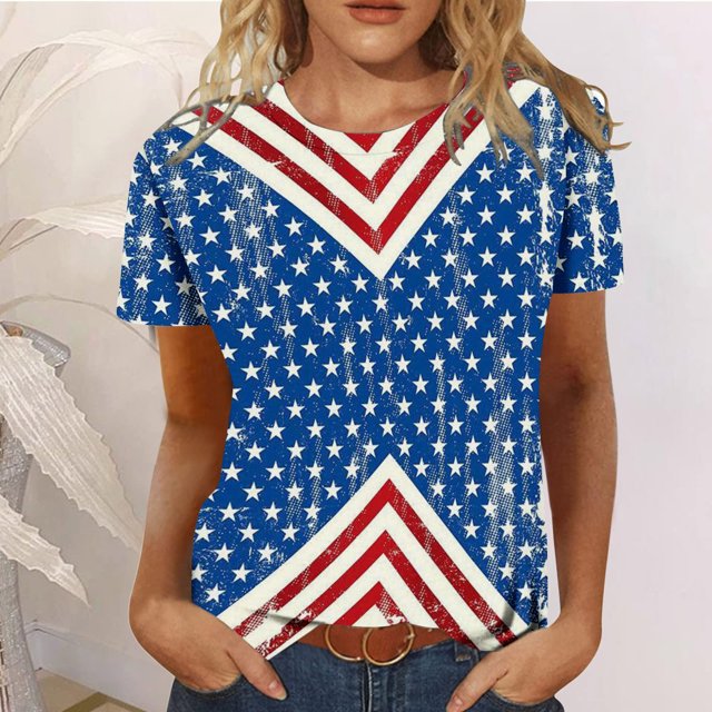 Hauts d'Entraînement d'Été Grande Taille pour Femmes, T-Shirts d'Été Décontractés à Col Rond à Manches Courtes, Imprimé Drapeau, Coupe Ajustée, Hauts Basiques, Tees, Blouses, T-Shirt à Col en V pour Femmes en Liquidation