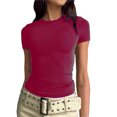 thumbnail image 2 of AherBiu Plus Size Crop Tops for Women Basic Stretchy Short Sleeve Crew Neck Slim Fitting Going out Solid Color T Shirts Tops, 2 of 7