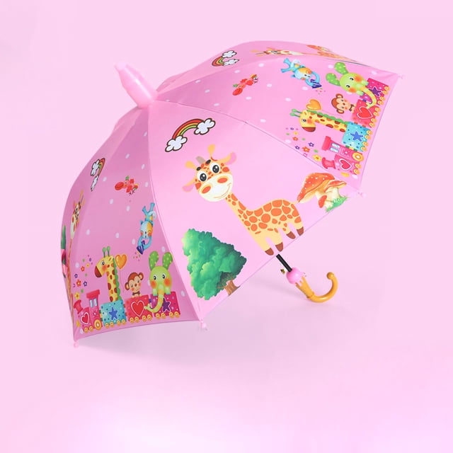 Cartoon Long Handle Umbrella for children with a pink canopy decorated with vibrant cartoon animal designs, including giraffes, elephants, and rainbows. Constructed from NC cloth, this fully automatic umbrella provides dual functionality for rain and sun protection with a vinyl coating. It features rounded edges for safety and a long handle for easy grip, making it ideal for kids' use during travel or daily activities.