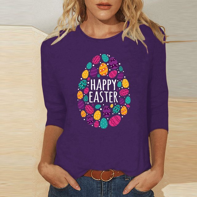 EGNMCR Easter Chemise Imprimée T-Shirts Graphiques pour Femmes Mode Décontractée de Noël Col Rond Imprimé Blouse Manches 3/4 T-Shirt Blouses T-Shirts pour Femmes