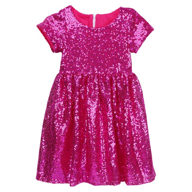 Robes pour Adolescentes Manches Courtes Paillettes Fête Demoiselle d'Honneur Robe de Mariage Décontractée Robe pour Tout-Petit Rose 7 Ans