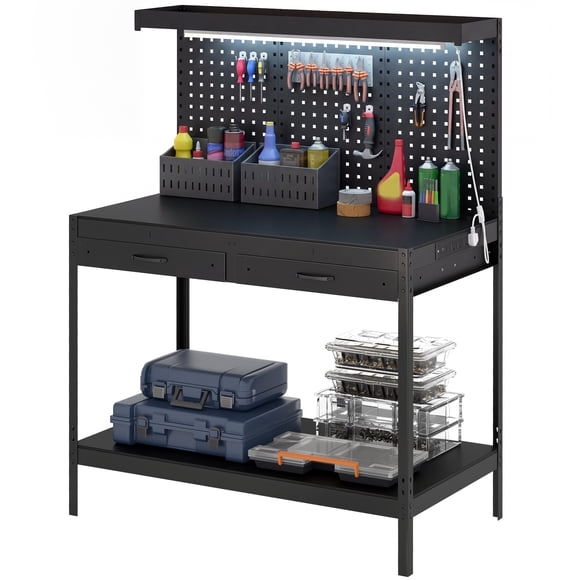 HOMCOM Workbench with Pegboard, Heavy Duty Work Table with LED Light, Black