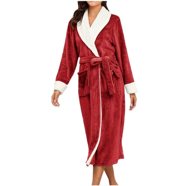 Penkiiy Womens Plush Soft Robe Warm Fleece Shawl Collar Bathrobe Fluffy Long Robes with Pockets 2XL Wine