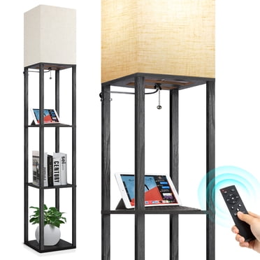 Outon Floor Lamp with Shelves, Linen Shade 63.7" Memory Function Shelf Lamp with Remote Control, Tall LED Wood Shelf Floor Lamp for Living Room, Bedroom(Black)