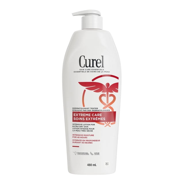 Curel® Extreme Care Intensive Lotion, 480mL body moisturizer for extra-dry, tight skin in a white pump bottle with red caduceus symbol and bilingual English-French text, dermatologist tested to provide 48 hours of intensive hydration and skin barrier repair.