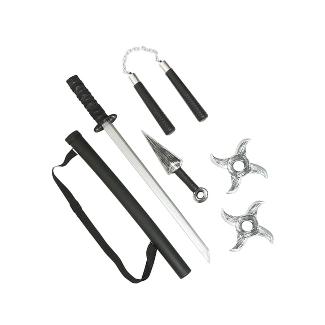 Ensemble d'Armes Ninja pour Enfants, Trousse d'Accessoires Ninja Comprenant une Épée de 24 Pouces avec un Fourreau de 18 Pouces, un Poignard de 10 Pouces, des nunchucks de 8 Pouces avec une Chaîne en Plastique et Deux Étoiles à Lancer de 6 Pouces. le Fourreau Comprend une Bandoulière Ajustable, et Tous les Articles Sont en Plastique Moulé avec des Détails Embossés, Idéal pour le Jeu de Rôle Ou l'Utilisation en costume.