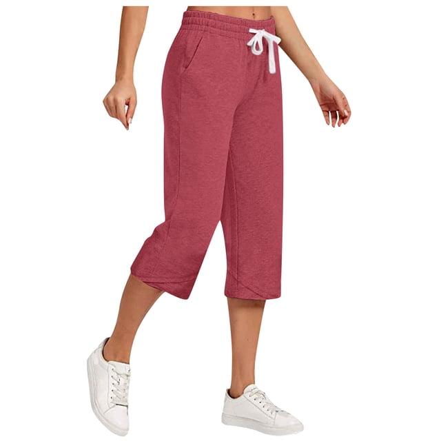 AherBiu Womens Capris for Summer Cotton Linen High Waisted Drawstring Cropped Pants Loose Lounge Capris Trousers