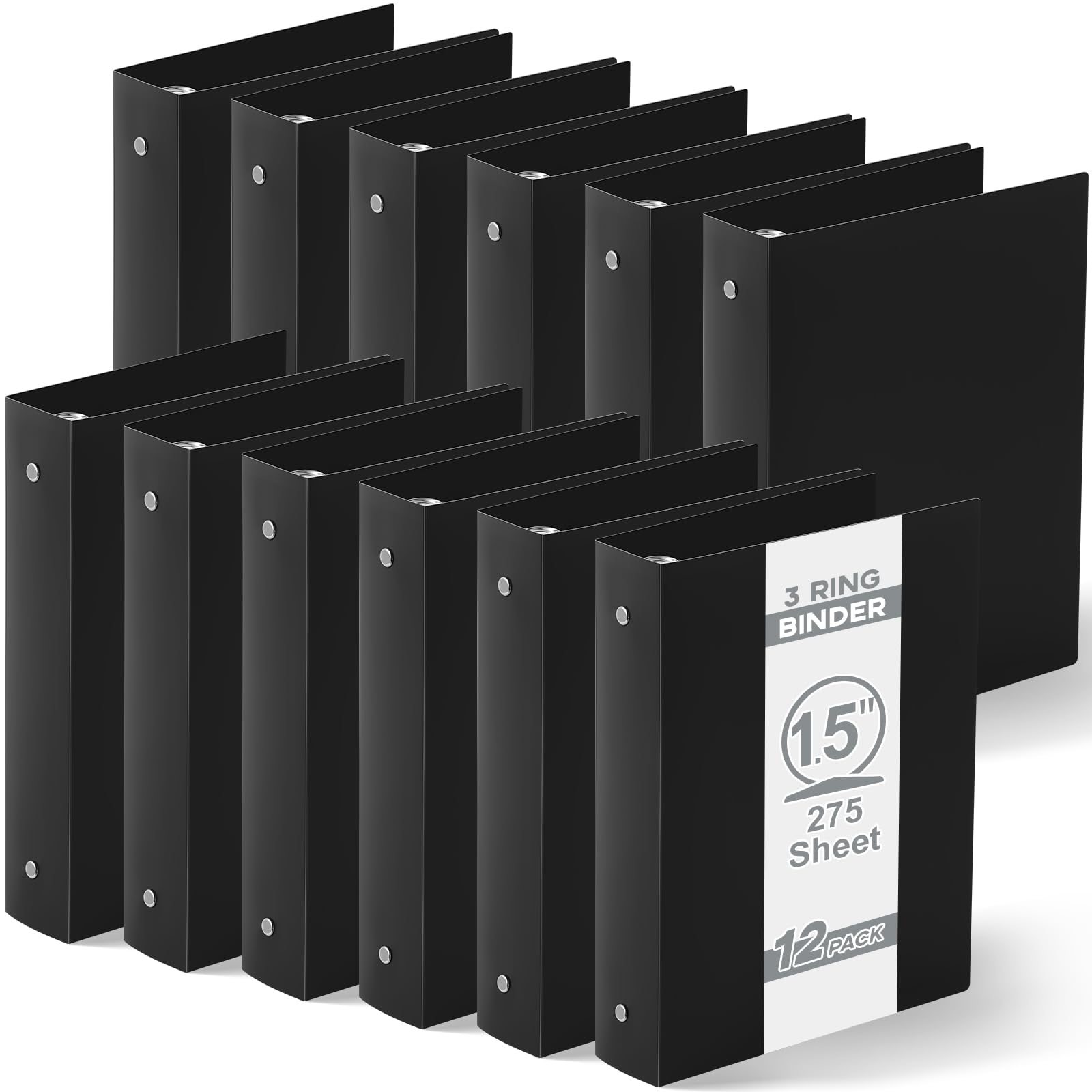 Henoyso 12 Pcs Plastic Mini 3 Ring Binders 1.5'' Binder, Fits 5.5" x 8.5" Paper Holds(capacity 280 Sheets), Flexible Three Round Rings Small Black Binders Bulk for Schoo
