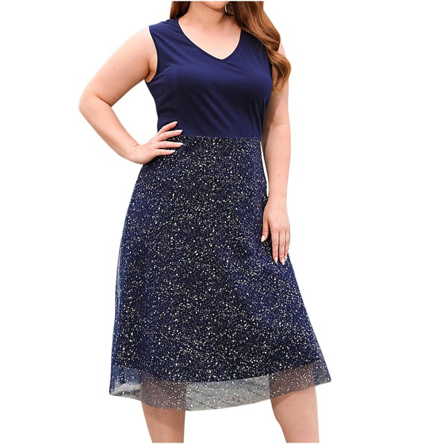 AherBiu Robe Midi à Paillettes en Maille Sans Manches à Col en V pour Femmes, Grande Taille, Soirée, Cocktail