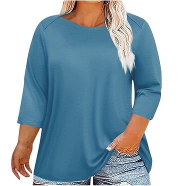 Kaemgyyd T-Shirts à Manches 3/4 pour Femmes 2025 Mode Col Ras du Cou T-Shirts Grande Taille T-Shirt Basique Uni Vêtements d'Entraînement au Gym