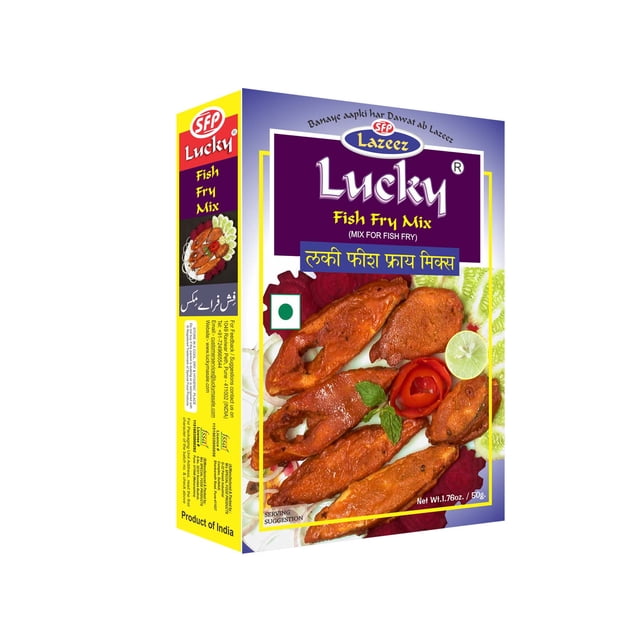 Lucky Masala Mélange pour Poisson Frit (Lot de 5) Boîte Présentant un Emballage vibrant avec des images de Poisson Frit Croustillant, Brun Doré, Garni de Tranches de lime, de Feuilles de Menthe et d'Un rose Tomate. Ce Mélange d'Épices et Mélange de Pâte à l'Indienne Est Conçu pour des Plats de Poisson Frit Savoureux, avec Faible Teneur en sodium, Sans Agents de Conservation et Ingrédients Entièrement Naturels.
