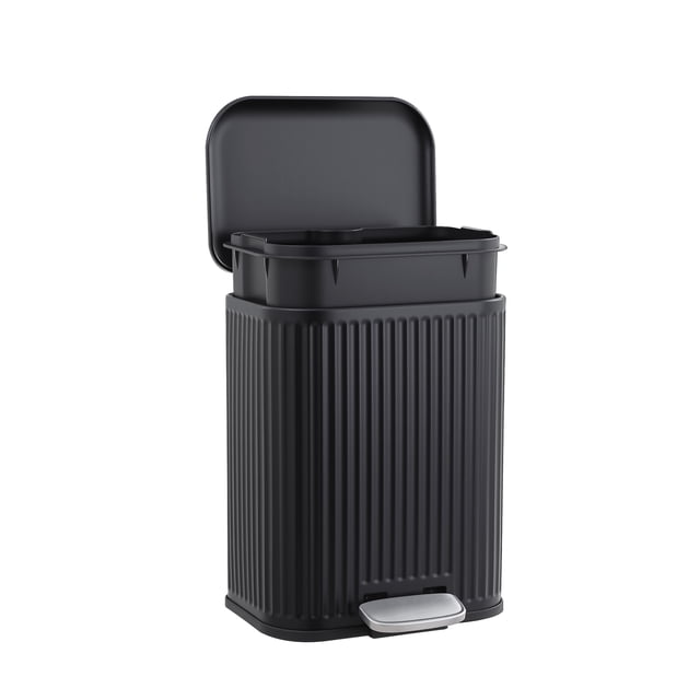 5L Black Stainless Steel Step Trash Can – Rectangular Waste Bin with Soft-Close Lid, Removable Inner Bucket, Anti-Slip Base and Modern Fluted Design for Bathroom, Kitchen and Office – 21 × 18.8 × 27.9