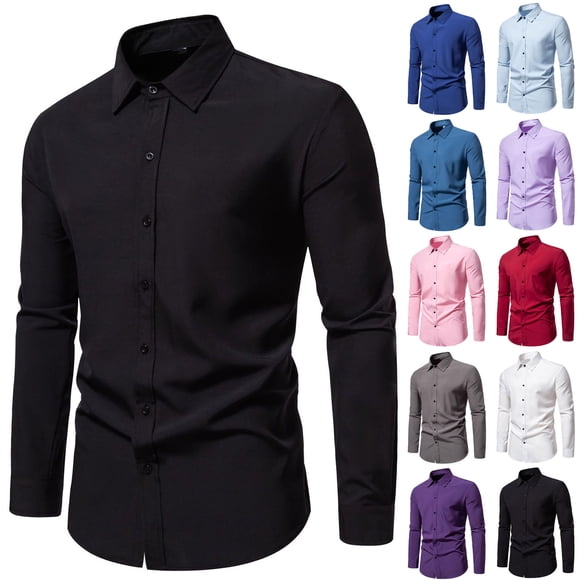 DDAPJ pyju Men's Rgular Fit Dress Shirt Clearance Sales,Wrinkle-Free Long Sleeve Button Down Shirts Solid Oxford Business Shirt Cotton Linen Suit Basic Shirt for Wedding Formal