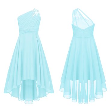 Alvivi Kids Girls Shiny Banded Wedding Bridesmaid Dress One Shoulder Pageant Evening Party Gowns Light Blue 12