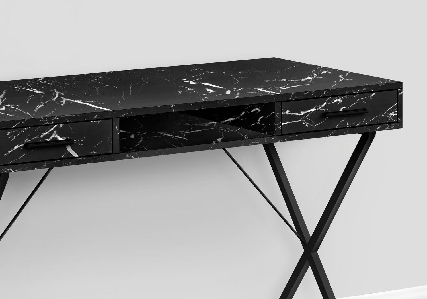 Monarch Specialties Bureau, Bureau À Domicile, Ordinateur Portable, Configuration Gauche, Droite, Tiroirs De Rangement, 42"l, Travail, Métal, Stratifié, D'aspect Marbre Noir, Contemporain, Moderne