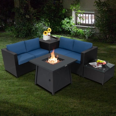 Patiojoy Ensemble de Mobilier de Patio Extérieur 5 Pcs avec Table de Foyer au Propane 50 000 BTU, Ensemble de Conversation en Osier PE pour Patio avec Coussins, Coffre de Rangement et Table Basse en Verre Trempé, Bleu Marine