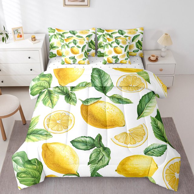 Erosebridal Cartoon Lemon Bedding Sets Full Size, Tropical Fruit Comforter Sets with Sheets, Summer Theme Room Decor, Reversible 7pcs