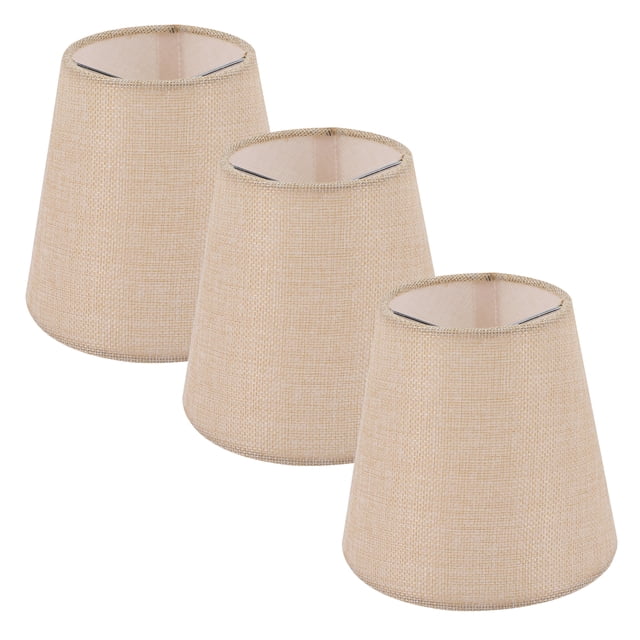 Miangastore fabric lamp shades for sconces in a set of three, featuring beige cloth material with a subtle texture and metal frames. Each shade measures 5.5 x 5.1 inches, designed to provide a warm and elegant atmosphere. Suitable for bedrooms, living rooms, and other spaces.