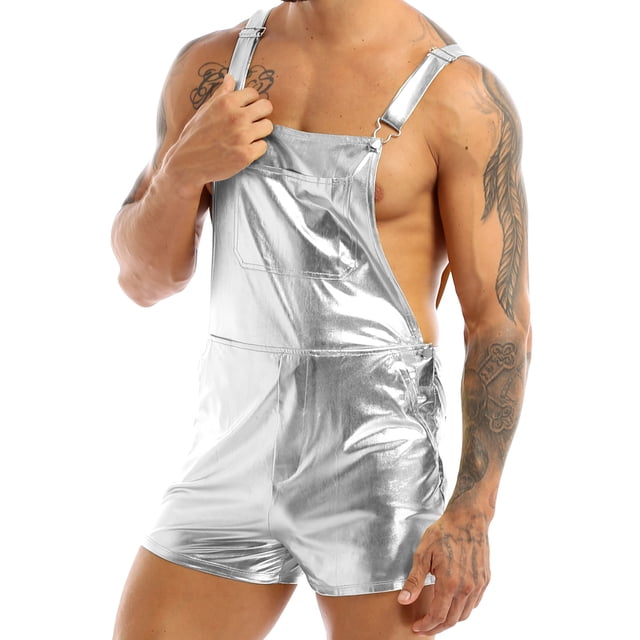Men's Wide Shoulder Straps Shiny Metallic Bib Suspender Shorts Hotpants Silver XL