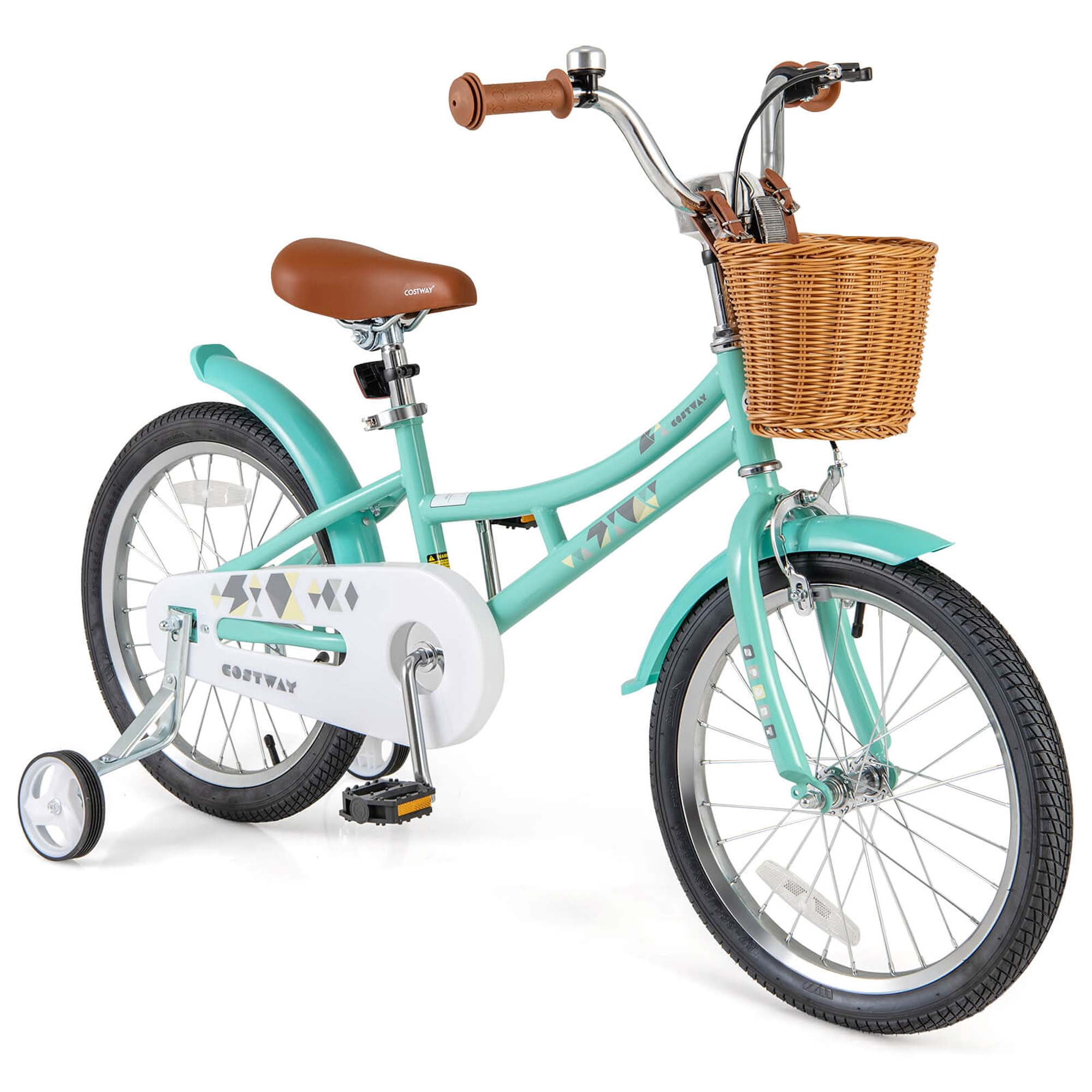 Costway 18" Kids Bike with Height Adjustable Handlebar Seat Basket Bell Training Wheels Green