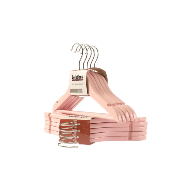Solutions Kids Wooden Hangers in pink, set of 5, designed for children's clothing. Each hanger measures 12 inches in length and 7.5 inches in height, featuring a smooth finish and a swivel hook for easy hanging. The hangers are crafted from sturdy wood and are ideal for organizing tops, dresses, and coats in a child's closet.