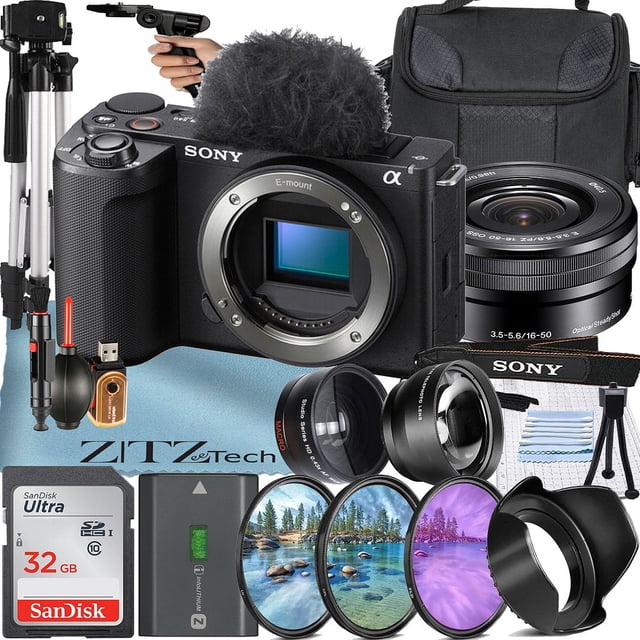 Sony ZV-E10 II Mirrorless Camera in black with a 24.2 MP APS-C sensor, paired with a Sony E PZ 16-50mm f/3.5-5.6 OSS lens. The bundle includes a SanDisk 32GB Ultra SDHC memory card, a camera case, a furry windscreen, a shoulder strap, a pistol grip tripod, a full-size tripod, a 3-piece filter kit, a 0.43x auxiliary wide-angle lens, a 2.2x auxiliary telephoto lens, a tulip lens hood, a memory card reader, a 2-in-1 cleaning pen, a dust blower, a deluxe starter kit, and a ZeeTech microfiber cleaning cloth. The camera features 4K 60fps and Full HD 120fps video recording, Real-time Eye Autofocus, and a 3.0-inch fully articulating touchscreen LCD for versatile shooting angles. Ideal for content creators and vloggers.