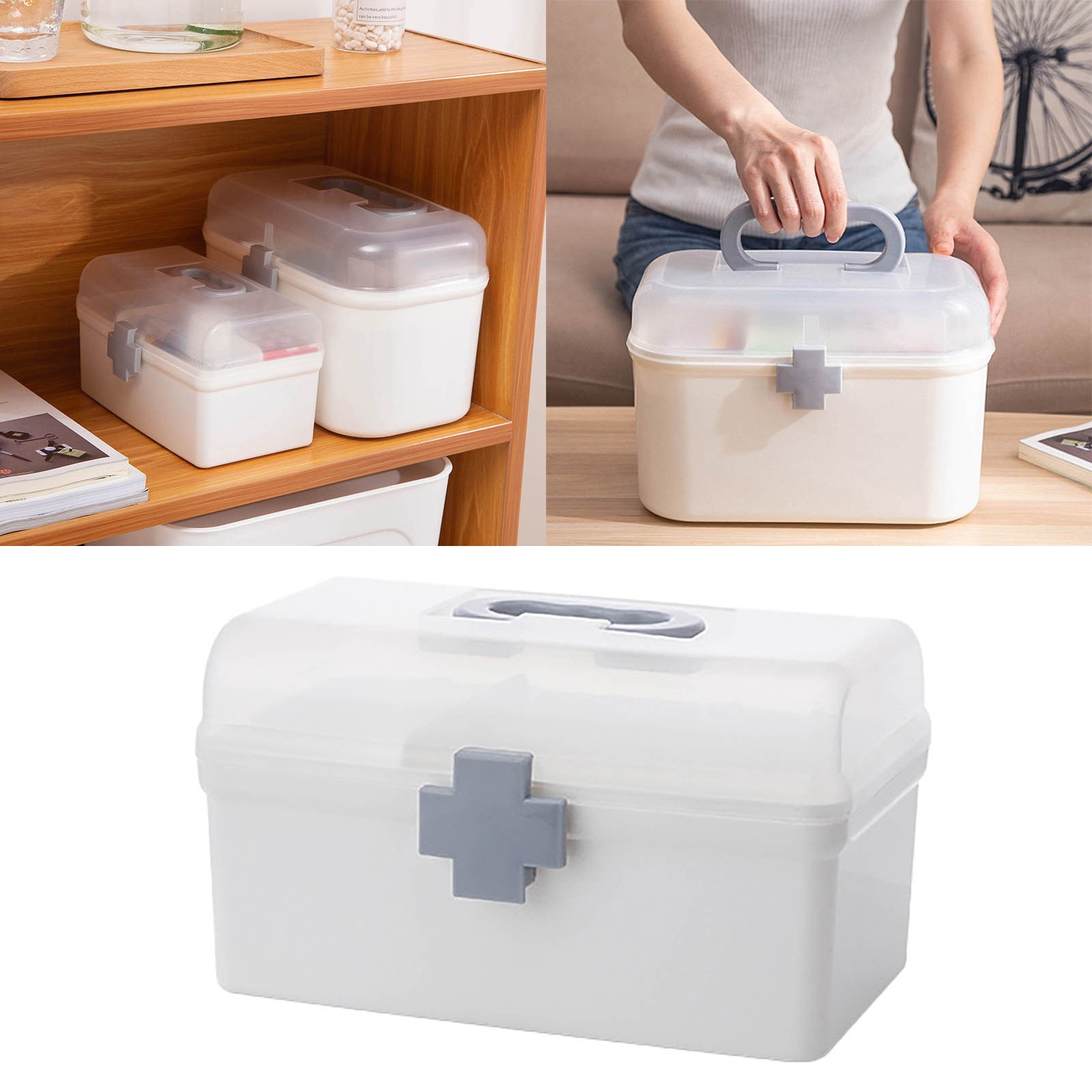 KDSJSXW Plastic First Aid Storage Box Container Bin with Removable Tray and Portable Handle, Family Emergency Medicine Kit Case Organizer, White&Gray