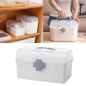 KDSJSXW Plastic First Aid Storage Box Container Bin with Removable Tray and Portable Handle, Family Emergency Medicine Kit Case Organizer, White&Gray