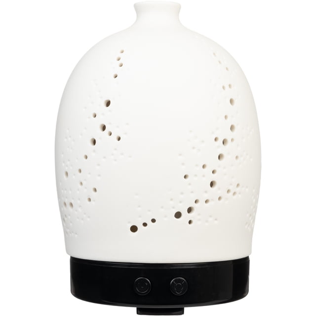 ScentSationals Diffuseur 100 ml - Nova avec un Dôme en Céramique Blanc Présentant des perforations Circulaires Décoratives et un Col Étroit, Installé sur une base Noire avec Deux Boutons, Conçu pour l'Aromathérapie à Brume Fraîche Utilisant des Huiles Essentielles, Convient pour Ajouter de l'Humidité et du Parfum aux Espaces de la Maison.