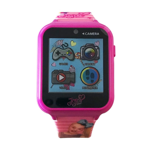 JOJO Kids Smart Watch with bright pink plastic case and strap featuring a child's photo, front touchscreen displaying colorful icons for games, camera, video, and pedometer, an interactive smartwatch with touch screen technology suitable for children aged 6 and up.