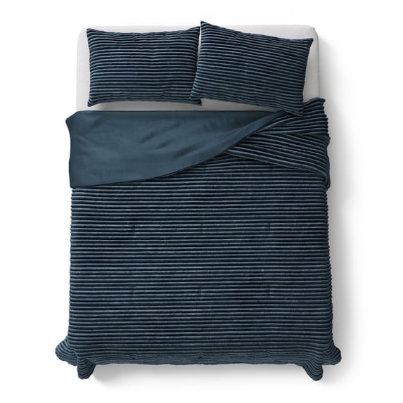 Mainstays Kids Plush Ribbed Corduroy Comforter Set, Dark Blue, Full/Queen, 3 Pieces