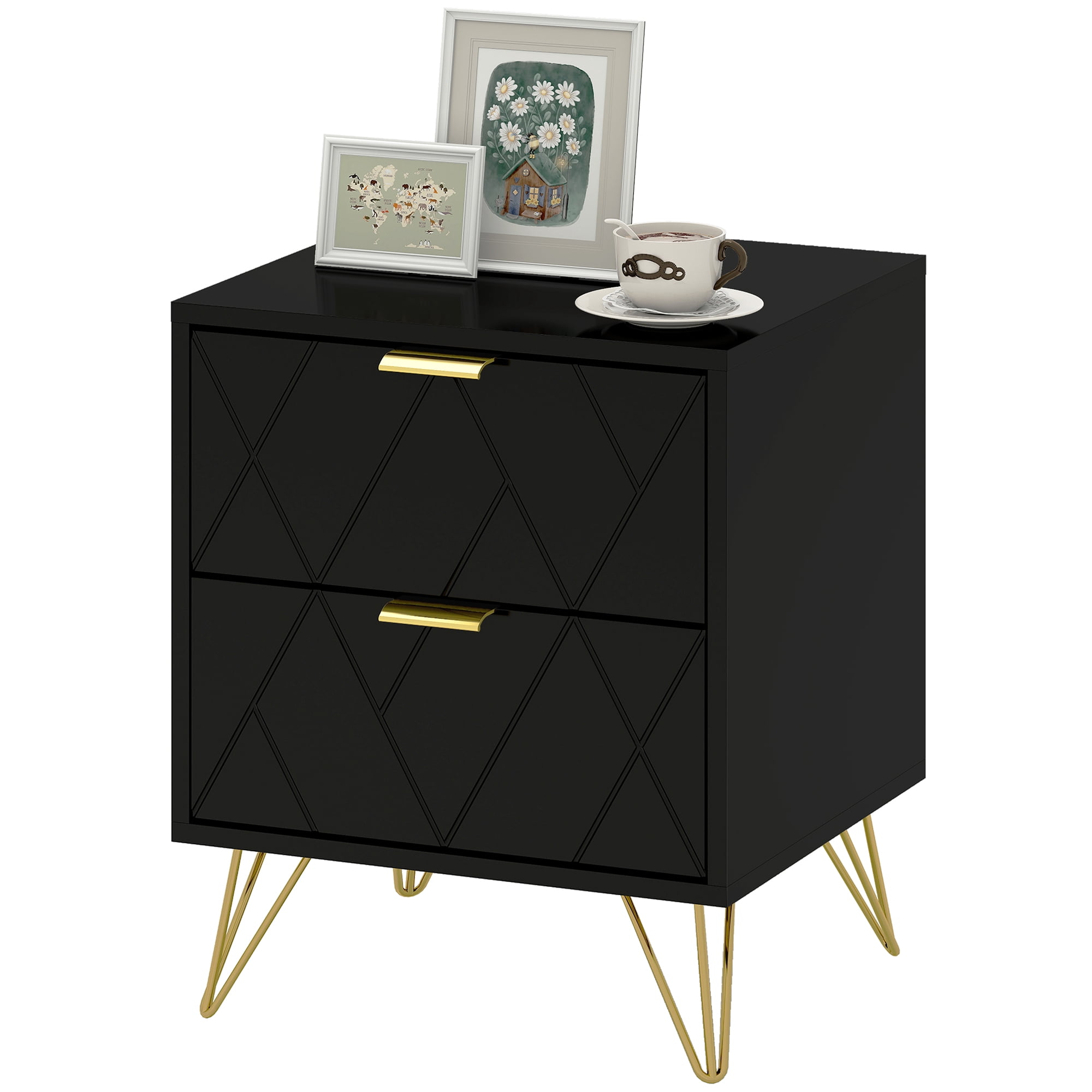 CoSoTower Modern Bedside Table, Accent Nightstand with 2 Drawers, Bed End Table for Bedroom, Black