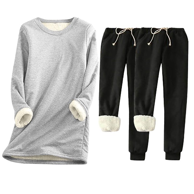 Pisexur Ensembles 3 Pcs pour Femmes Hiver Chaud en Molleton Couleur Unie Survêtements Ensembles 1 Chandail à Col Rond +2 Pantalons de Pyjama Décontractés Pyjamas Surdimensionnés pour Femmes Ensemble P-5TG