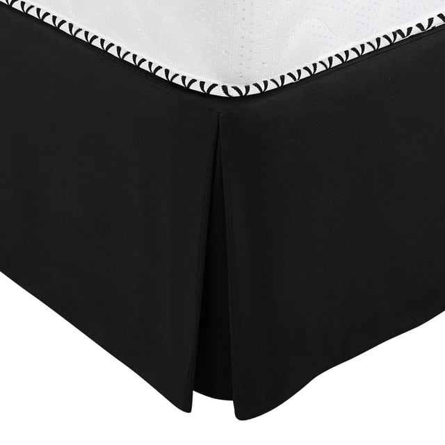Unique Bargains Pleated Bed Skirt in black, featuring hotel-quality tailored styling with quadruple pleated detailing and a 14-inch dust ruffle drop length. Made from 100% brushed polyester, this wrinkle and fade-resistant bed skirt fits twin, full, queen, and king beds. Designed to wrap around three fabric sides without split corners, it is easy to fit and remove. Neutral solid color suitable for various bedroom styles.