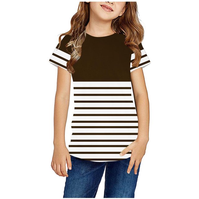Zwiiyzr T-Shirt Rayé 2025 pour Enfants Col Rond Manches Courtes pour Garçons Filles Marron-4-5 Ans