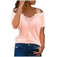 thumbnail image 2 of LSLJS T-Shirts en Dentelle à Épaules Dénudées pour Femmes Été Col en V Décontracté Patchwork Uni Manches Courtes Hauts, 2 of 9
