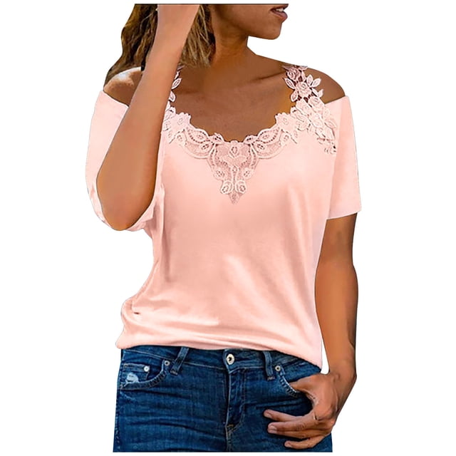 TopLLC Women's Summer Cold Shoulder Tops Mesh Panel Short Sleeve Tees Adjustable Spaghetti Strap Loose Fit Shirts