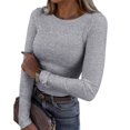thumbnail image 2 of T-shirt Côtelé à Manches Longues Extensible à Col Ras du Cou pour Femmes Ajusté Décontracté Basique, 2 of 5