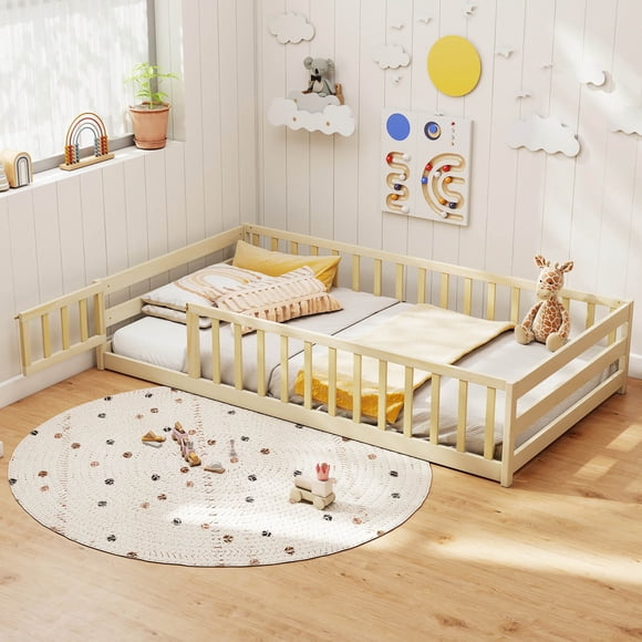 Costway Twin Size Floor Bed with Door & Fence with Safety Guardrails Support Beige