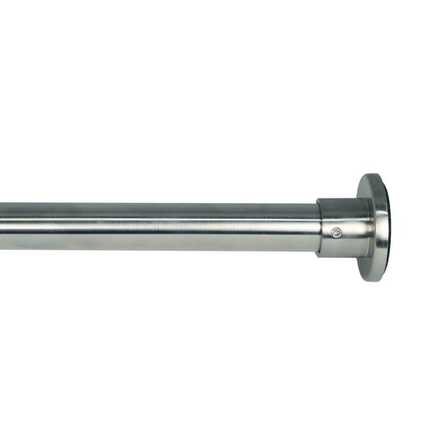 Versailles Tringle à Ressort Réglable pour Intérieur/extérieur 48 Po - 86 Po Montrant une Vue Latérale Gros Plan d'Une Tringle à Rideaux en Acier Inoxydable de 3/4 Po de Diamètre avec un Embout de Montage Circulaire Fixé par une Vis, Conçue pour la Résistance à la Rouille et une installation Facile Sans Outils, Convient aux Couvre-Fenêtres Intérieurs et Extérieurs.