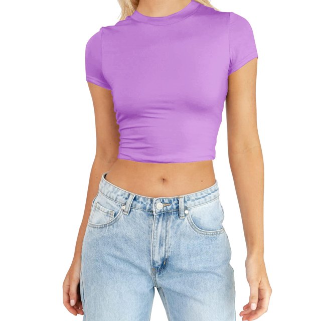 JIRNDf Hauts pour Femmes T-Shirts d'Été Tendance Mode Manches Courtes Mignon Court Basique Col Rond Coupe Ajustée Blouse pour Femmes Tunique Décontractée Hauts Violet P