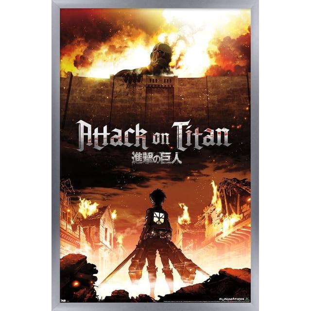 Attack on Titan - Fire Wall Poster, 22.375" x 34" depicting an anime character with dual swords standing in a burning village, facing a colossal Titan peering over a stone wall amid flames and smoke, printed on glossy paper suitable for wall art and room décor.