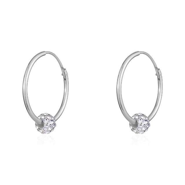 Luxury Designs Crystal ball Hoops in silver metal featuring a sleek hoop with a crystal-studded ball that hugs the ear, suitable for everyday wear and pairing with other jewellery styles.
