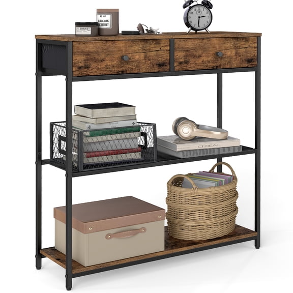 VASAGLE Table Console Étroite avec 2 Tiroirs en Tissu, Table d'Entrée à 3 Niveaux pour Sofa, 24 x 76 x 80 cm, pour Couloir, Salon, Brun Rustique et Noir Encre