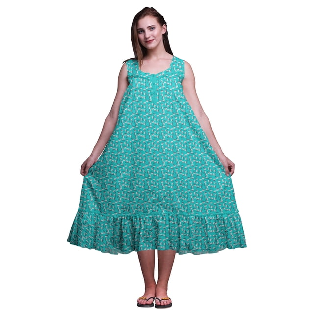Bimba Chemises de Nuit en Coton Vert Turquoise à Imprimé Floral Boule de Coton pour Femmes Robe Sans Manches Tenue de Nuit Robe Maxi Petit