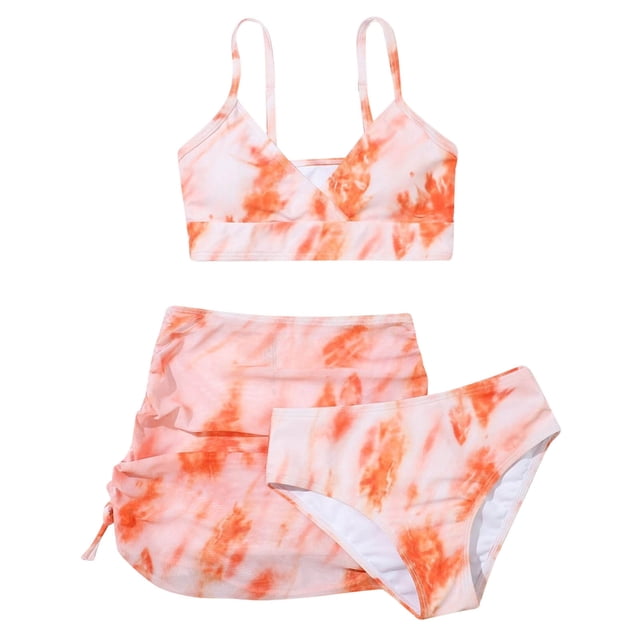 Nwiuh Girls' Piece Set Floral Print Bikini Swimsuit with Drawstring Beach Skirt Cute Ruched Bathing Suit (Orange, 10Y)