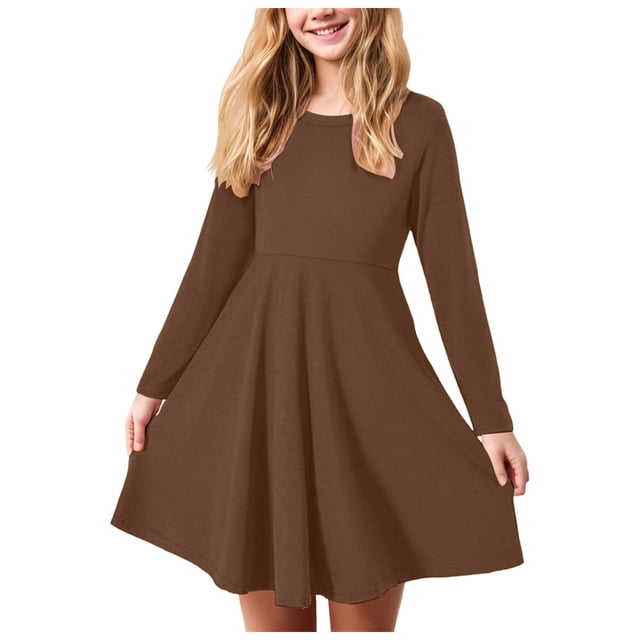 Zanarzt Robe à Manches Longues pour Filles, Robes T-Shirt à Manches Longues pour Filles, Robes Patineuse Trapèze d'Automne pour Enfants, Brun, 17-18 Ans