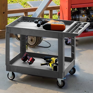 DEXTRUS Chariot Utilitaire Robuste à Roulettes avec Roues Verrouillables, Plastique HDPE à 2 Tablettes, Capacité de 550 Lb, 45 x 25 x 34 Po, Gris