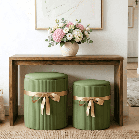 Pinmoco Ensemble de 2 Poufs de Rangement Ronds en Velours Côtelé, Tabouret de Coiffeuse Rembourré avec Ruban Décoratif, Repose-Pieds Empilable pour Salon Chambre Entrée, Vert Olive