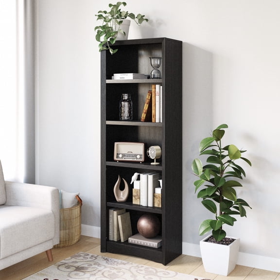 Bibliothèque standard pour adultes CorLiving Quadra en bois d'ingénierie, 5 niveaux, 4 étagères réglables, noire